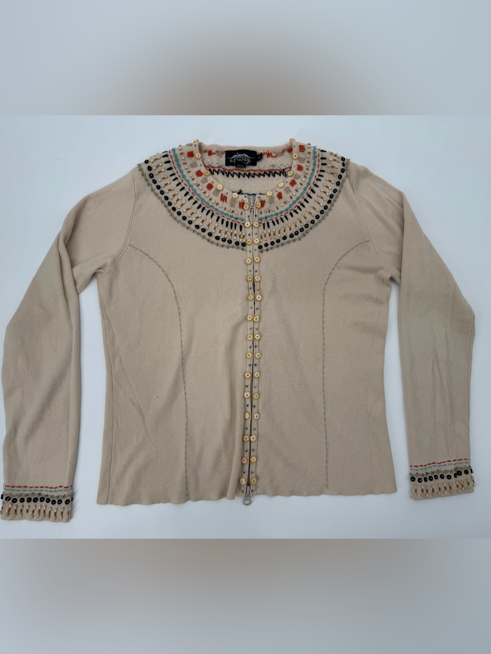 Iceland Design Beaded Cardigan Sweater Women's Size Small Beige Zip Front Boho